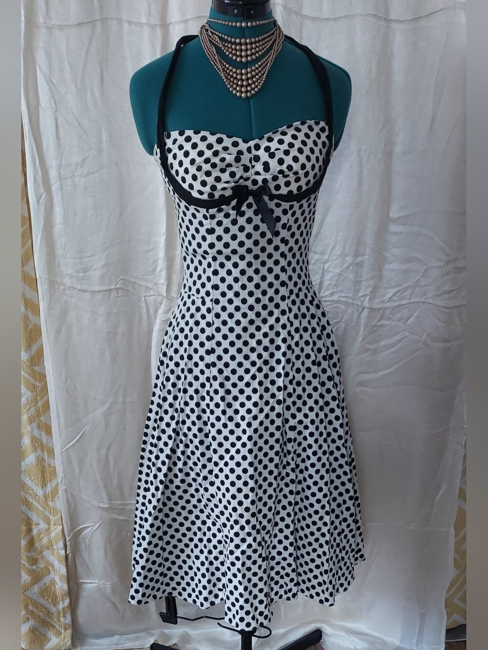 Bernie Dexter Black & White Polka Dot Halter Swingdress